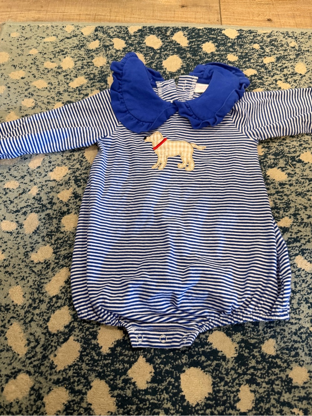 Navy Stripe Baby One-Piece with Ruffled Collar and Dog Applique